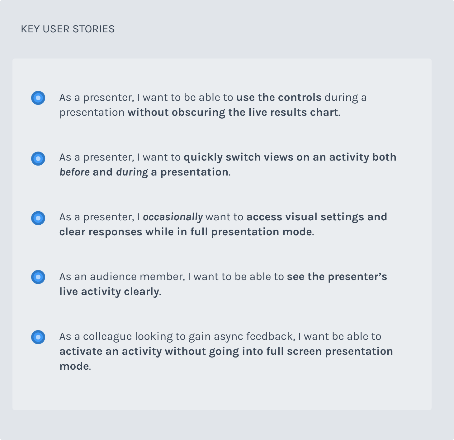 key user stories for the product